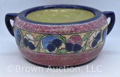 Mrkd. Amphora Pottery (Czech.) dbl. handled bowl, butterfly and floral design, cobalt trim - 3