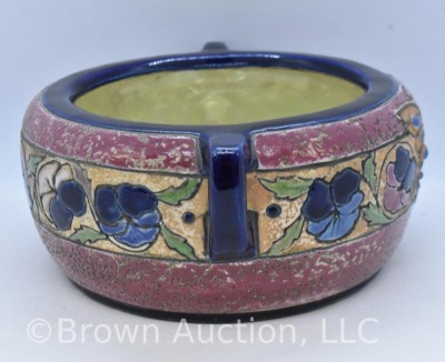 Mrkd. Amphora Pottery (Czech.) dbl. handled bowl, butterfly and floral design, cobalt trim - 4