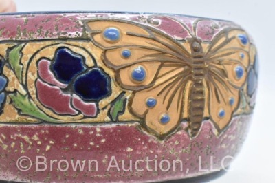 Mrkd. Amphora Pottery (Czech.) dbl. handled bowl, butterfly and floral design, cobalt trim - 5