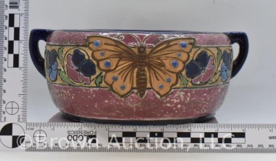 Mrkd. Amphora Pottery (Czech.) dbl. handled bowl, butterfly and floral design, cobalt trim - 9