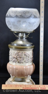 Hitchcock kerosene lamp in mrkd. Avalon Faience Balt base, clear and frosted etched globe - 12