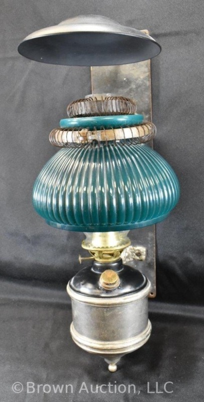 Wall mount kerosene lamp w/ reflector, aquamarine glass shade