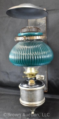 Wall mount kerosene lamp w/ reflector, aquamarine glass shade - 2