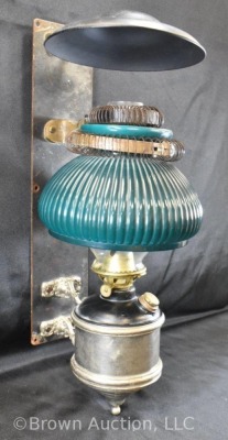 Wall mount kerosene lamp w/ reflector, aquamarine glass shade - 3