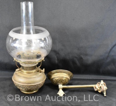 Bradley and Hubbard brass wall kerosene lamp w/ clear etched globe - 10