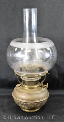 Bradley and Hubbard brass wall kerosene lamp w/ clear etched globe - 11