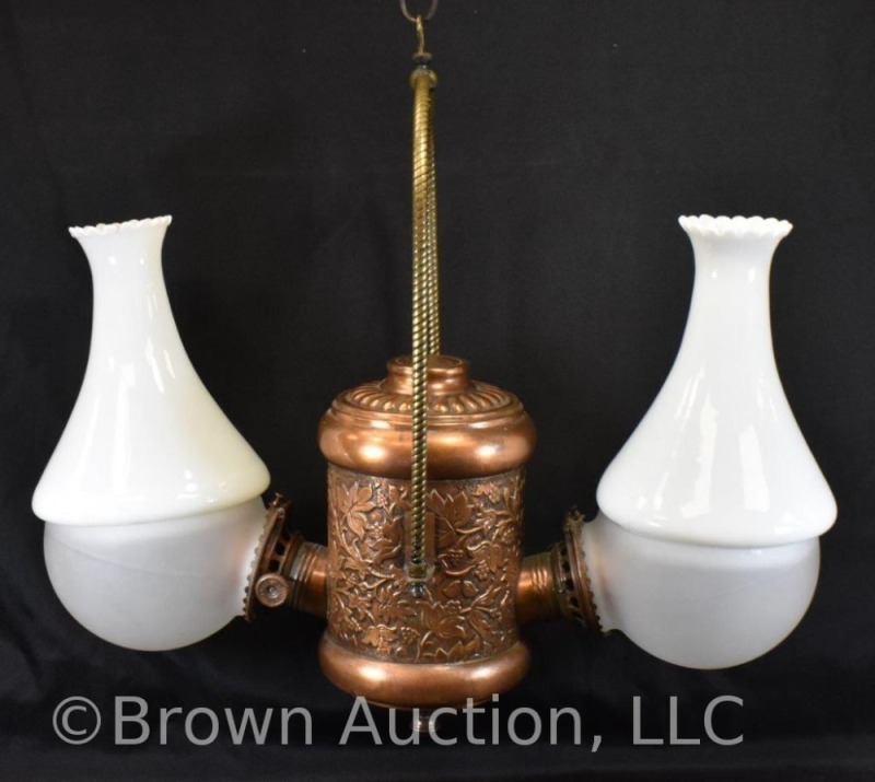 Double burner hanging brass oil Angle lamp, milk glass shades