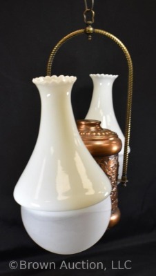 Double burner hanging brass oil Angle lamp, milk glass shades - 2