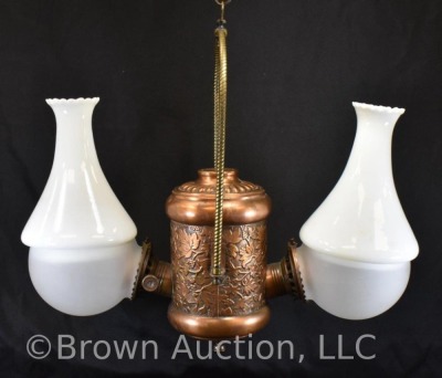 Double burner hanging brass oil Angle lamp, milk glass shades - 3