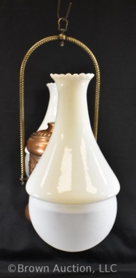 Double burner hanging brass oil Angle lamp, milk glass shades - 4