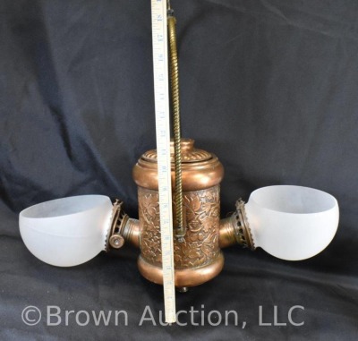 Double burner hanging brass oil Angle lamp, milk glass shades - 7