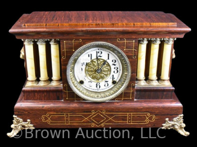 Unknown wooden mantel clock, pretty case w/ incised lines and columns