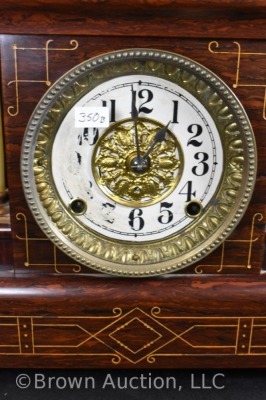 Unknown wooden mantel clock, pretty case w/ incised lines and columns - 5