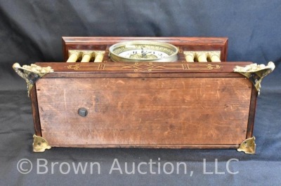 Unknown wooden mantel clock, pretty case w/ incised lines and columns - 6