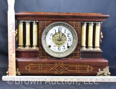 Unknown wooden mantel clock, pretty case w/ incised lines and columns - 10