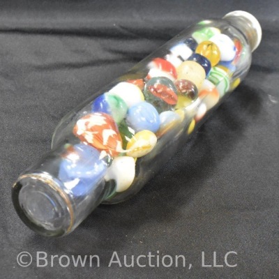 Glass rolling pin w/ Roll-Rite lid - full of mixed larger marbles - 2