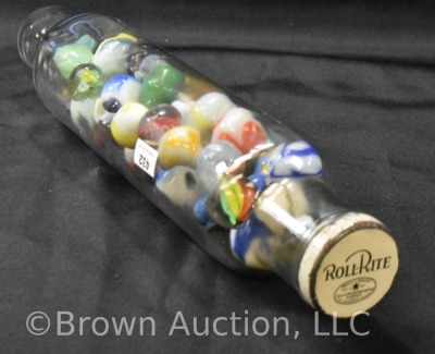 Glass rolling pin w/ Roll-Rite lid - full of mixed larger marbles - 4