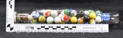 Glass rolling pin w/ Roll-Rite lid - full of mixed larger marbles - 7