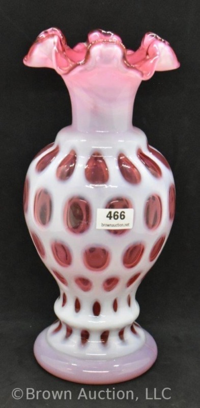 Fenton Cranberry opalescent Coin Dot 8.5" vase