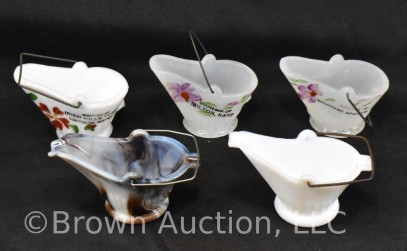 (5) Miniature coat buckets: slag glass, milk glass