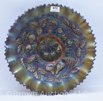 Carnival Glass Northwood Three Fruits/ Basketweave 8.5"d bowl, dark amy. - 2