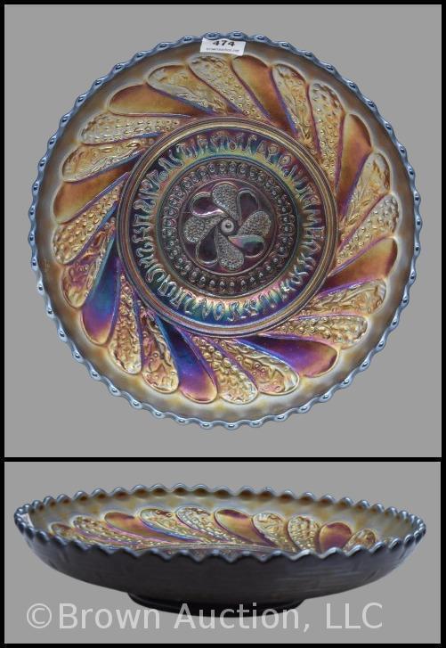 Carnival Glass Dugan Round-Up/ Basketweave 8"d bowl, irid. amy.