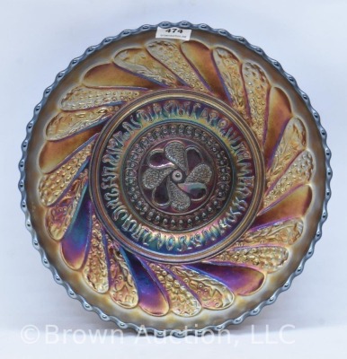 Carnival Glass Dugan Round-Up/ Basketweave 8"d bowl, irid. amy. - 2