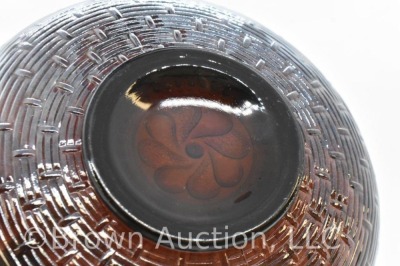 Carnival Glass Dugan Round-Up/ Basketweave 8"d bowl, irid. amy. - 5