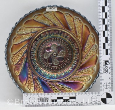 Carnival Glass Dugan Round-Up/ Basketweave 8"d bowl, irid. amy. - 7