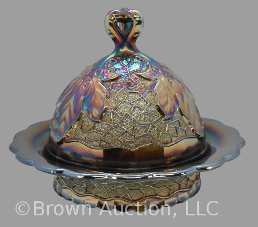 Carnival Glass Dugan Maple Leaf cov. butter dish, dark amy.