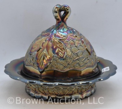 Carnival Glass Dugan Maple Leaf cov. butter dish, dark amy. - 2