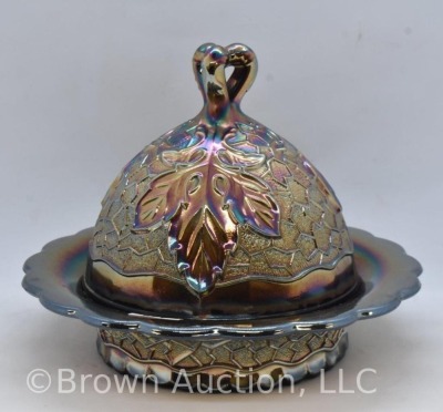 Carnival Glass Dugan Maple Leaf cov. butter dish, dark amy. - 3