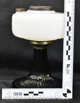 Aladdin Diamond Quilt kerosene lamp stand, white moonstone bowl w/ black moonstone base - 4