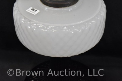 Aladdin Diamond Quilt kerosene lamp stand, white moonstone bowl w/ black moonstone base - 6