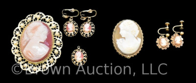 (2) Cameo brooches; (2) sets of earrings and (1) pendant