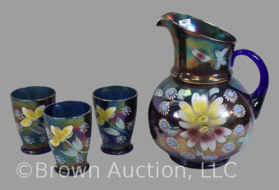 Fenton cobalt Carnival Glass 4 pc. water set, enameled daisies