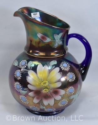 Fenton cobalt Carnival Glass 4 pc. water set, enameled daisies - 2