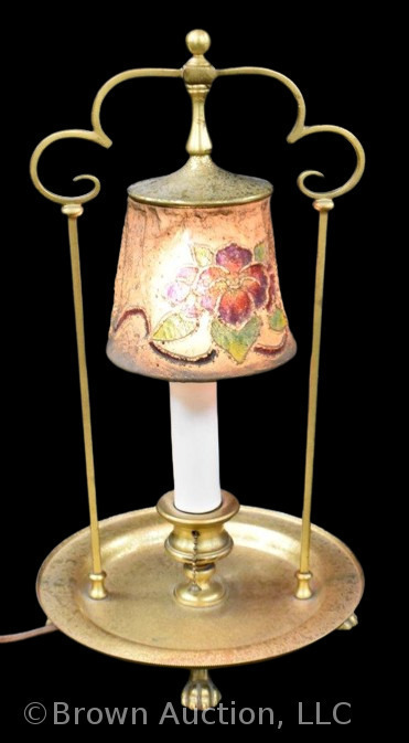 Mrkd. Louis C. Tiffany Furnaces metal lamp w/ floral designed mesh shade