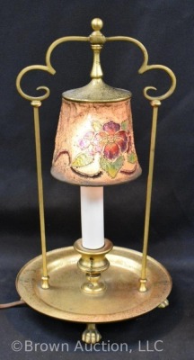 Mrkd. Louis C. Tiffany Furnaces metal lamp w/ floral designed mesh shade - 10