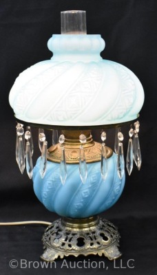 Gone with the Wind lamp, blue satin glass w/ emnbossed swirl design and clear prisms - 2