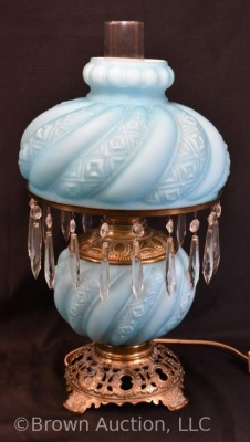 Gone with the Wind lamp, blue satin glass w/ emnbossed swirl design and clear prisms - 3