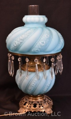 Gone with the Wind lamp, blue satin glass w/ emnbossed swirl design and clear prisms - 4