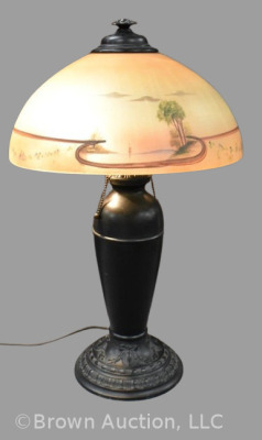 Table lamp w/ reverse painted shade, embossed metal base