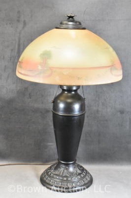 Table lamp w/ reverse painted shade, embossed metal base - 2