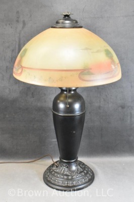 Table lamp w/ reverse painted shade, embossed metal base - 3