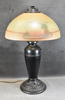 Table lamp w/ reverse painted shade, embossed metal base - 4