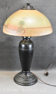 Table lamp w/ reverse painted shade, embossed metal base - 5