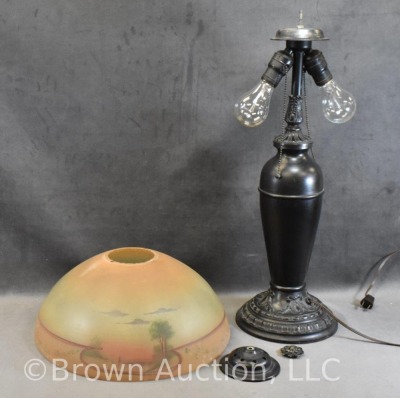 Table lamp w/ reverse painted shade, embossed metal base - 6