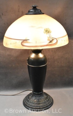 Table lamp w/ reverse painted shade, embossed metal base - 8