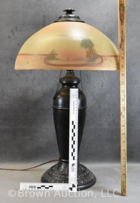 Table lamp w/ reverse painted shade, embossed metal base - 9